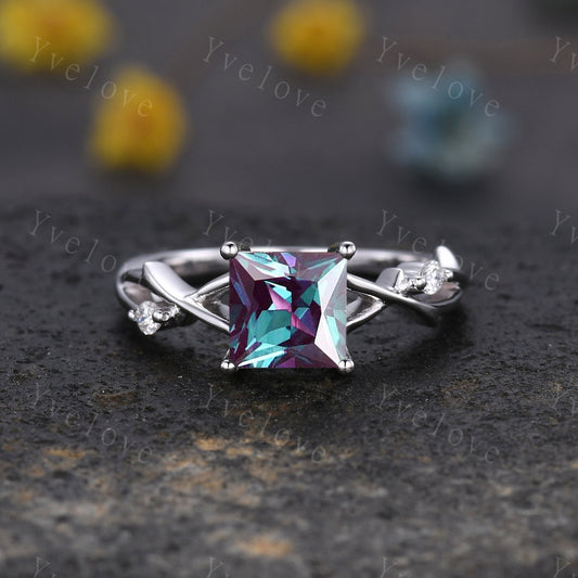 Unique Princess cut Alexandrite Engagement Ring,Art Deco Branch Twig Diamond Ring,Promise Ring Anniversary Gift For Her Platinum Ring