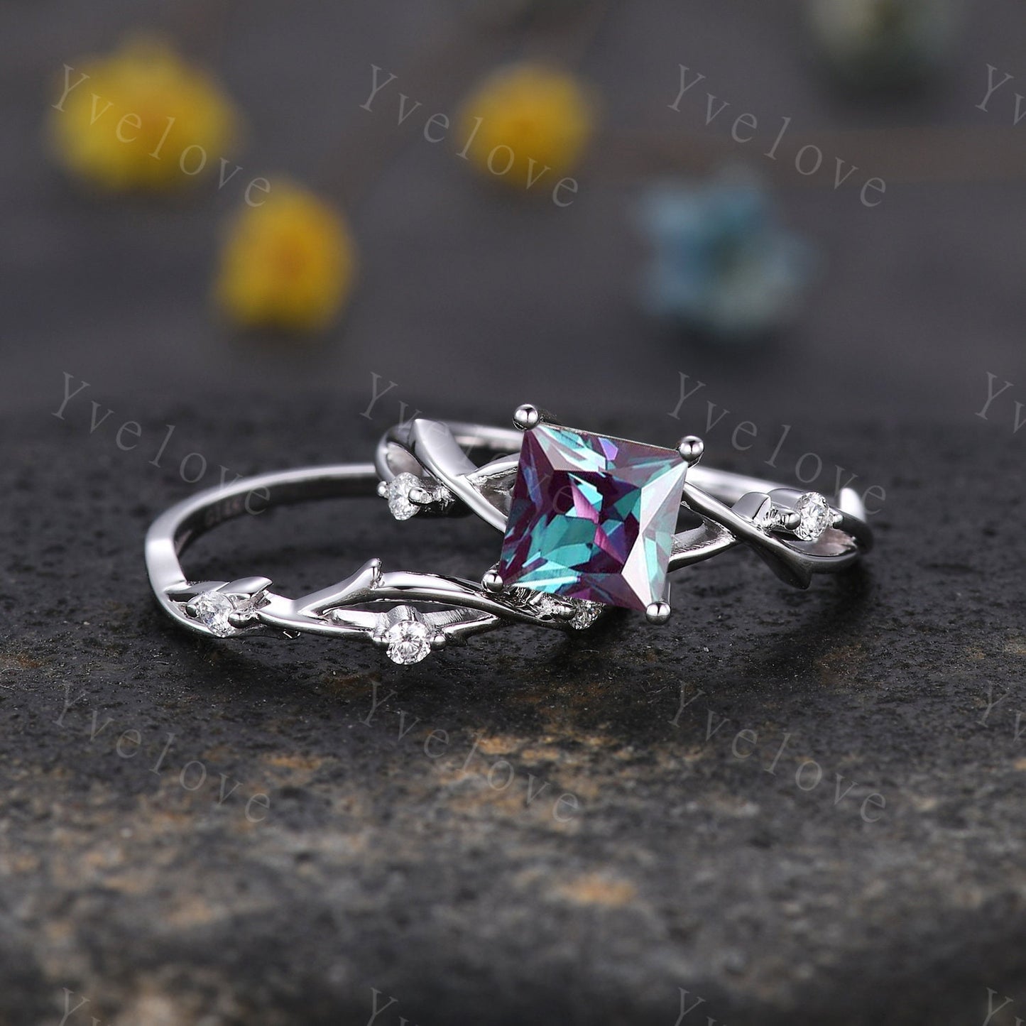 Unique Princess cut Alexandrite Engagement Ring Set,Art Deco Branch Twig Diamond Ring,Silver,Promise Wedding Ring Anniversary Gift For her