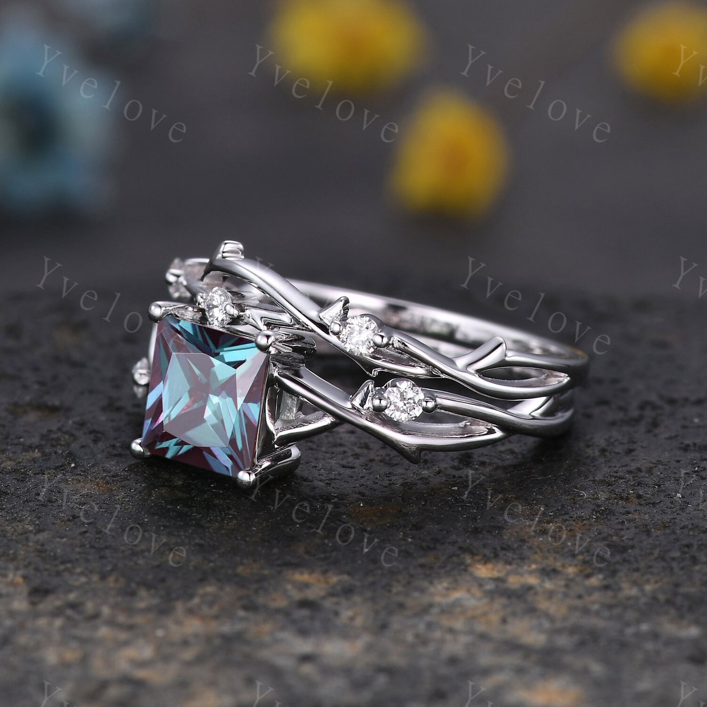 Unique Princess cut Alexandrite Engagement Ring Set,Art Deco Branch Twig Diamond Ring,Silver,Promise Wedding Ring Anniversary Gift For her