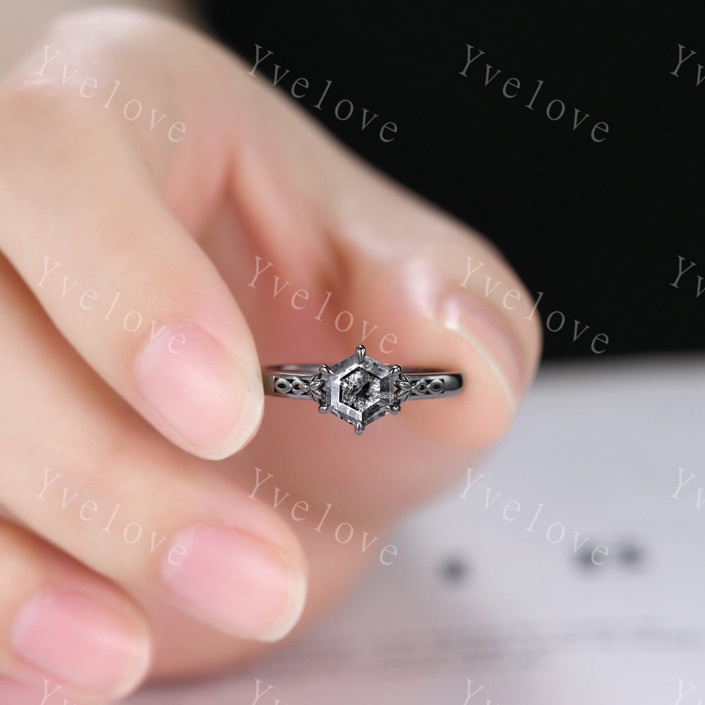 Hexagon Shaped Salt and Pepper Diamond Engagement Ring Set Vintage Black Gem Wedding Ring Enhancer Band Art Deco Bridal  Ring Set For Women