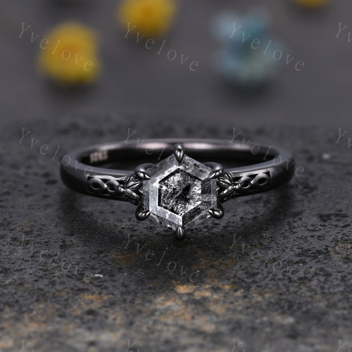 Hexagon Shaped Salt and Pepper Diamond Engagement Ring Vintage Black Diamond Wedding Band Art Deco Bridal  Ring For Women Promise Ring Gift