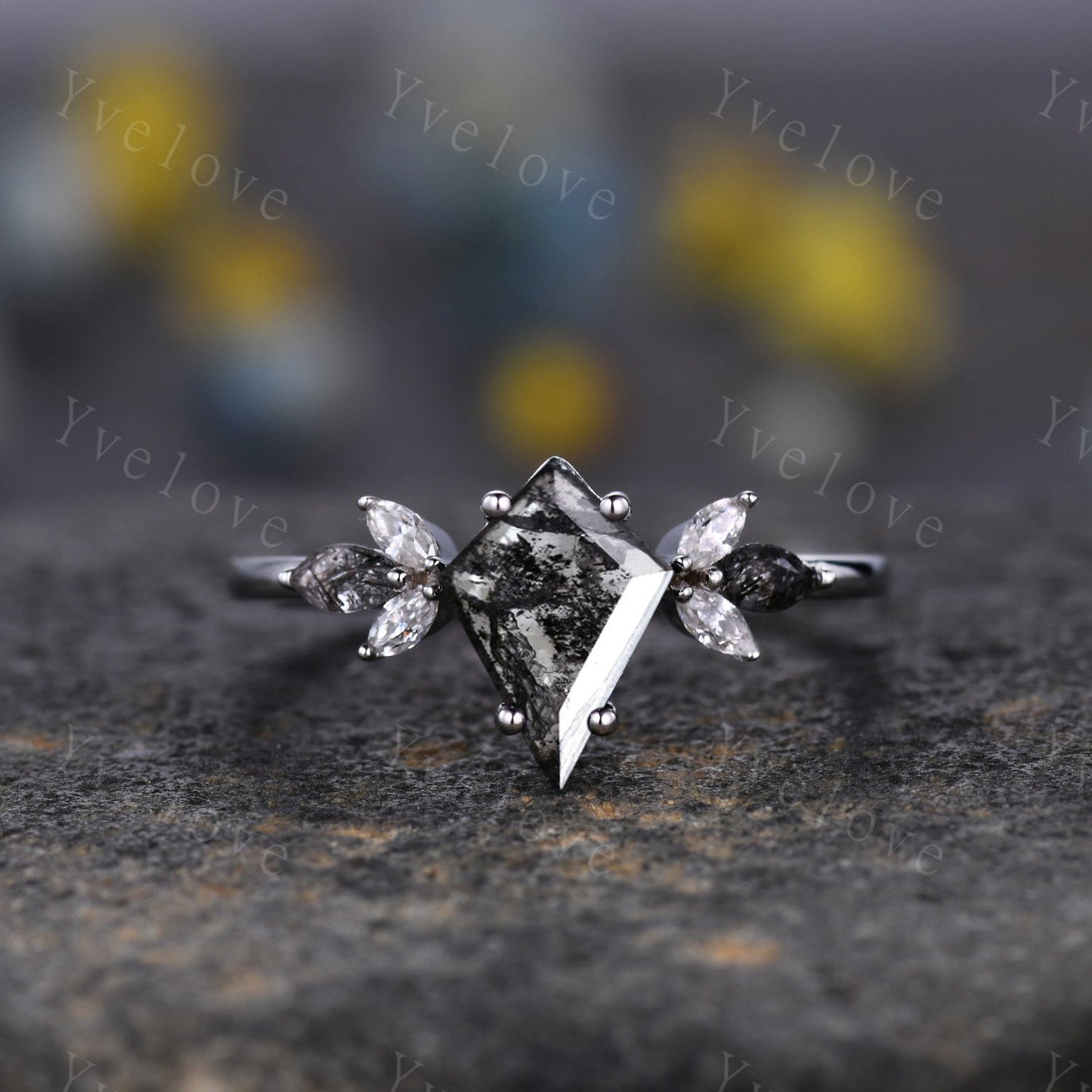Custom order, replace the main stone to black rutilated quartz, moissanite as the side stones, a set, platinum.
