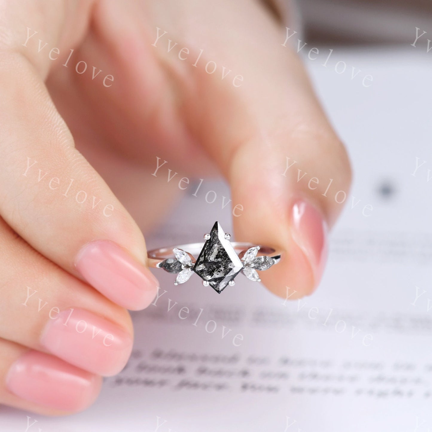 Vintage Kite shaped Salt Pepper Diamond Engagement Ring,Unique Bridal Set,Marquise Black Rutilated Quartz,Women White Gold Anniversary Ring