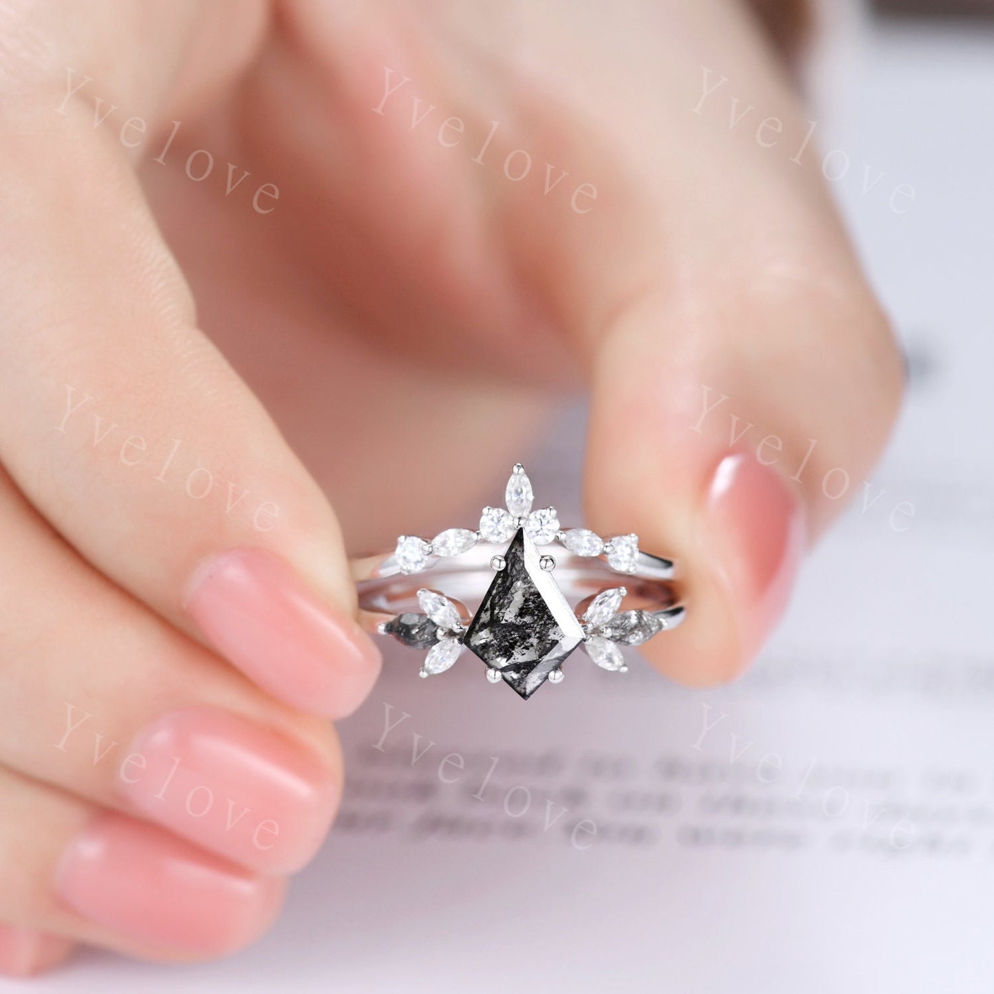 Vintage Kite shaped Salt Pepper Diamond Engagement Ring,Unique Bridal Set,Marquise Black Rutilated Quartz,Women White Gold Anniversary Ring
