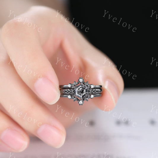 Hexagon Shaped Salt and Pepper Diamond Engagement Ring Set Vintage Black Gem Wedding Ring Enhancer Band Art Deco Bridal  Ring Set For Women