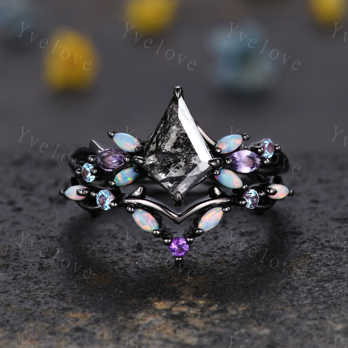 Vintage Kite Salt and Pepper Diamond Engagement Ring Set,Black Gold,Vines Amethyst Opal Ring,Women Bridal Set,Unique Twig Promise Ring Gift