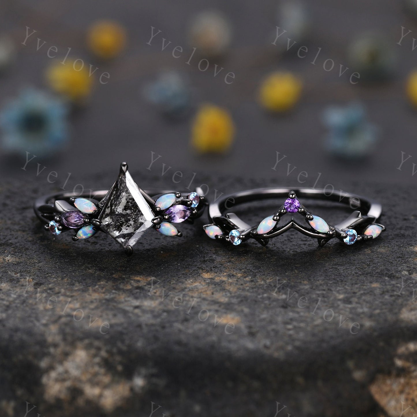 Vintage Kite Salt and Pepper Diamond Engagement Ring Set,Black Gold,Vines Amethyst Opal Ring,Women Bridal Set,Unique Twig Promise Ring Gift