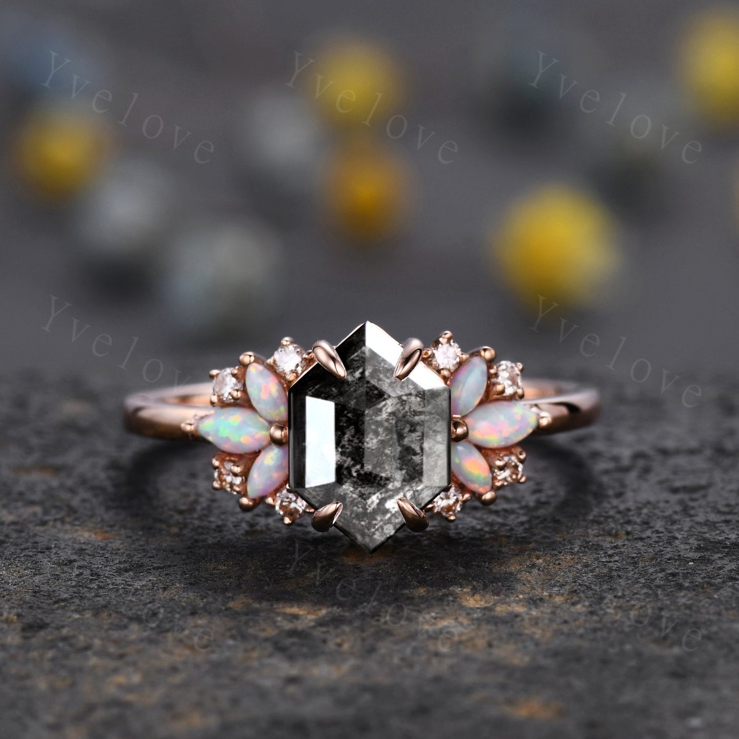 Vintage Hexagon Salt Pepper Diamond engagement ring,Unique Marquise Opal Ring,Cluster Ring,Rose Gold,Women Bridal Wedding Band,Black gems
