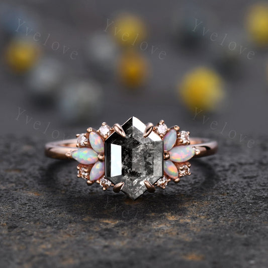 Vintage Hexagon Salt Pepper Diamond engagement ring,Unique Marquise Opal Ring,Cluster Ring,Rose Gold,Women Bridal Wedding Band,Black gems