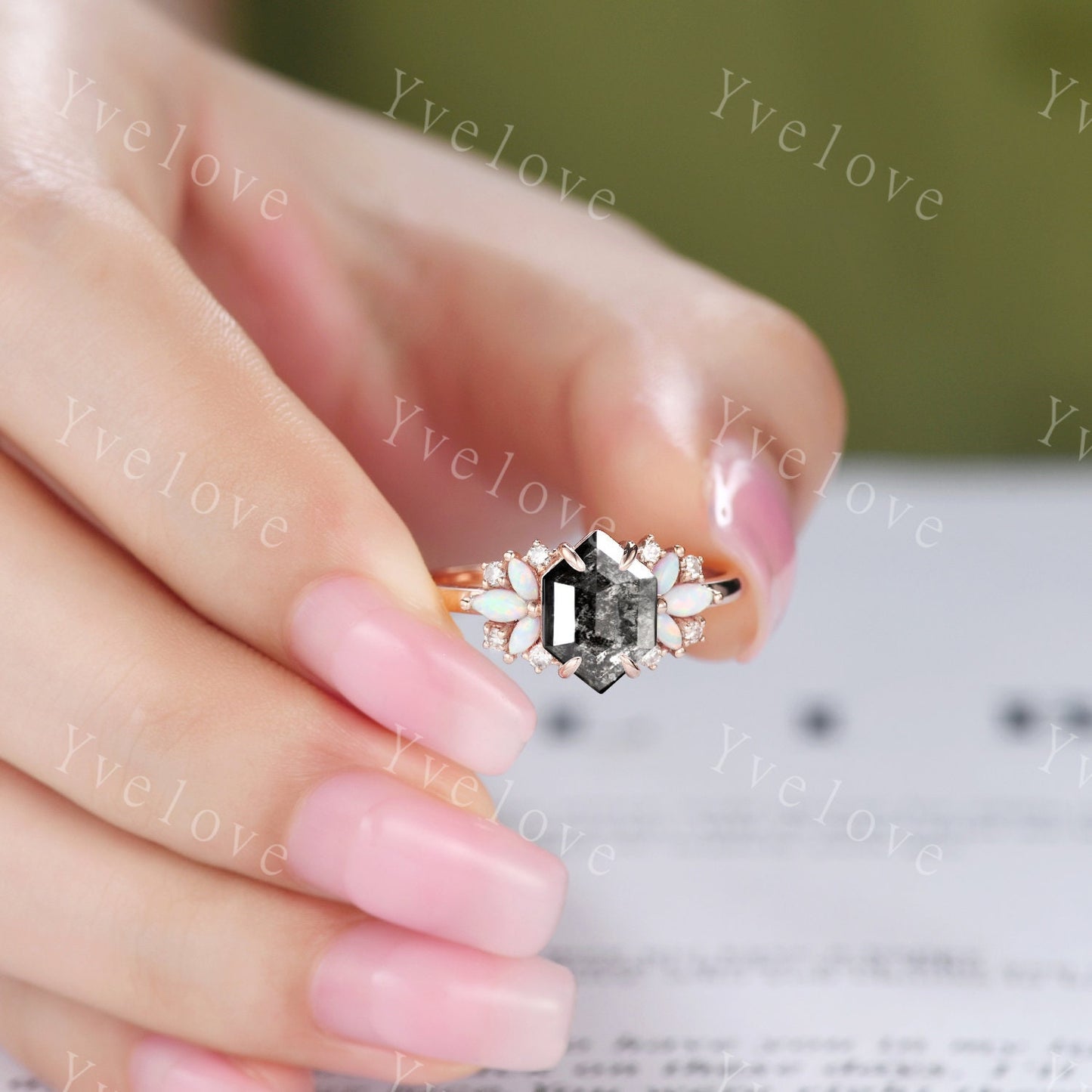 Vintage Hexagon Salt Pepper Diamond engagement ring,Unique Marquise Opal Ring,Cluster Ring,Rose Gold,Women Bridal Wedding Band,Black gems