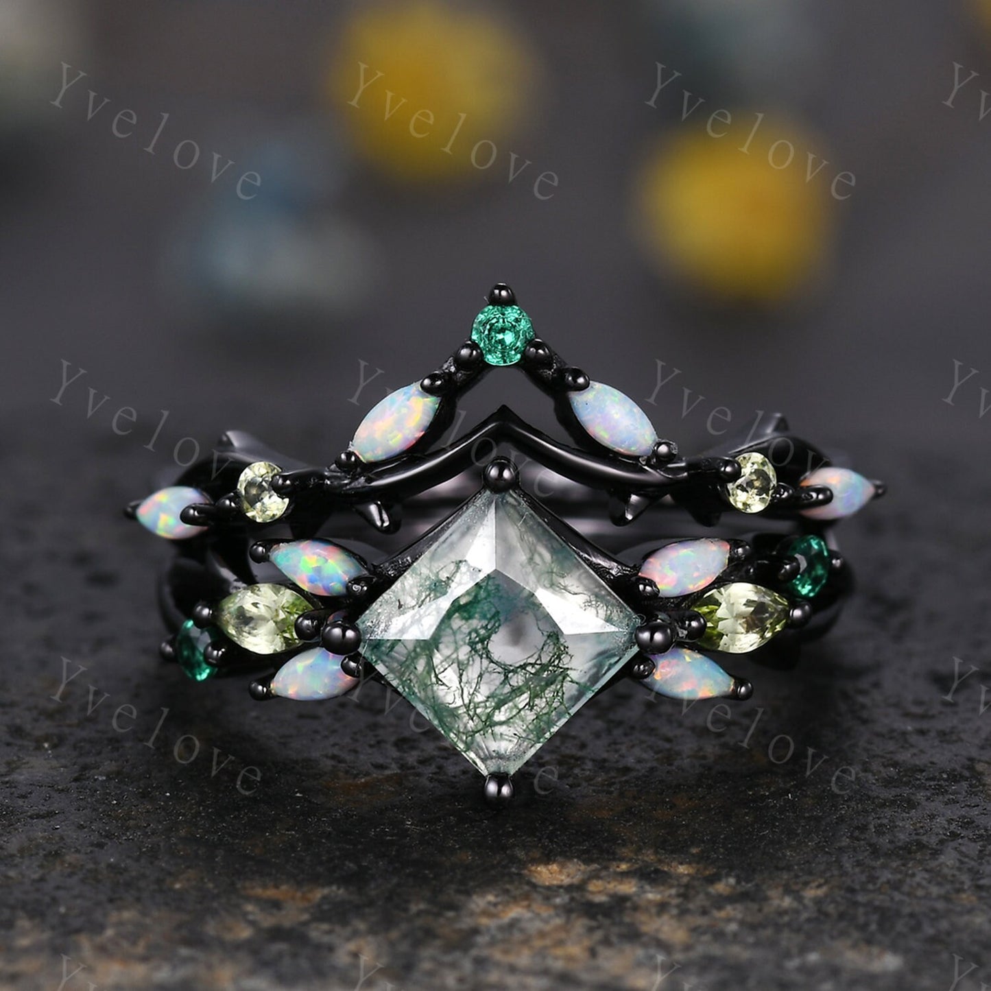 Vintage Princess Moss Agate Engagement Ring Set,Black Gold,Vines Emerald Opal Peridot Ring,Women Bridal Set,Unique Twig Promise Ring Gift