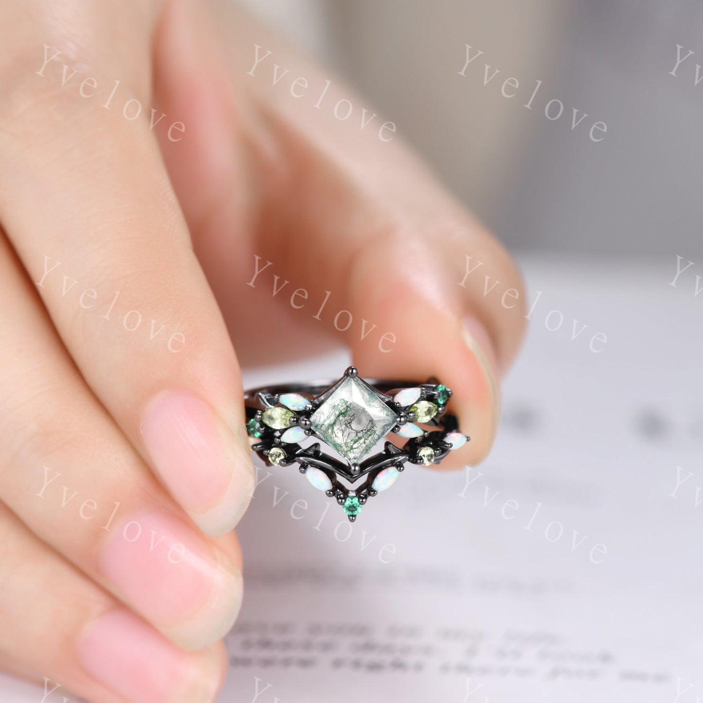 Vintage Princess Moss Agate Engagement Ring,Black Gold,Vines Emerald Opal Peridot Ring,Women Bridal Set,Unique Twig Promise Ring Bridal Gift