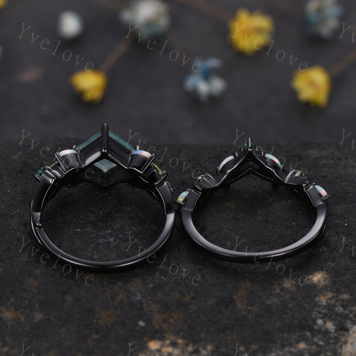 Vintage Princess Moss Agate Engagement Ring Set,Black Gold,Vines Emerald Opal Peridot Ring,Women Bridal Set,Unique Twig Promise Ring Gift