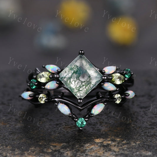 Vintage Princess Moss Agate Engagement Ring Set,Black Gold,Vines Emerald Opal Peridot Ring,Women Bridal Set,Unique Twig Promise Ring Gift