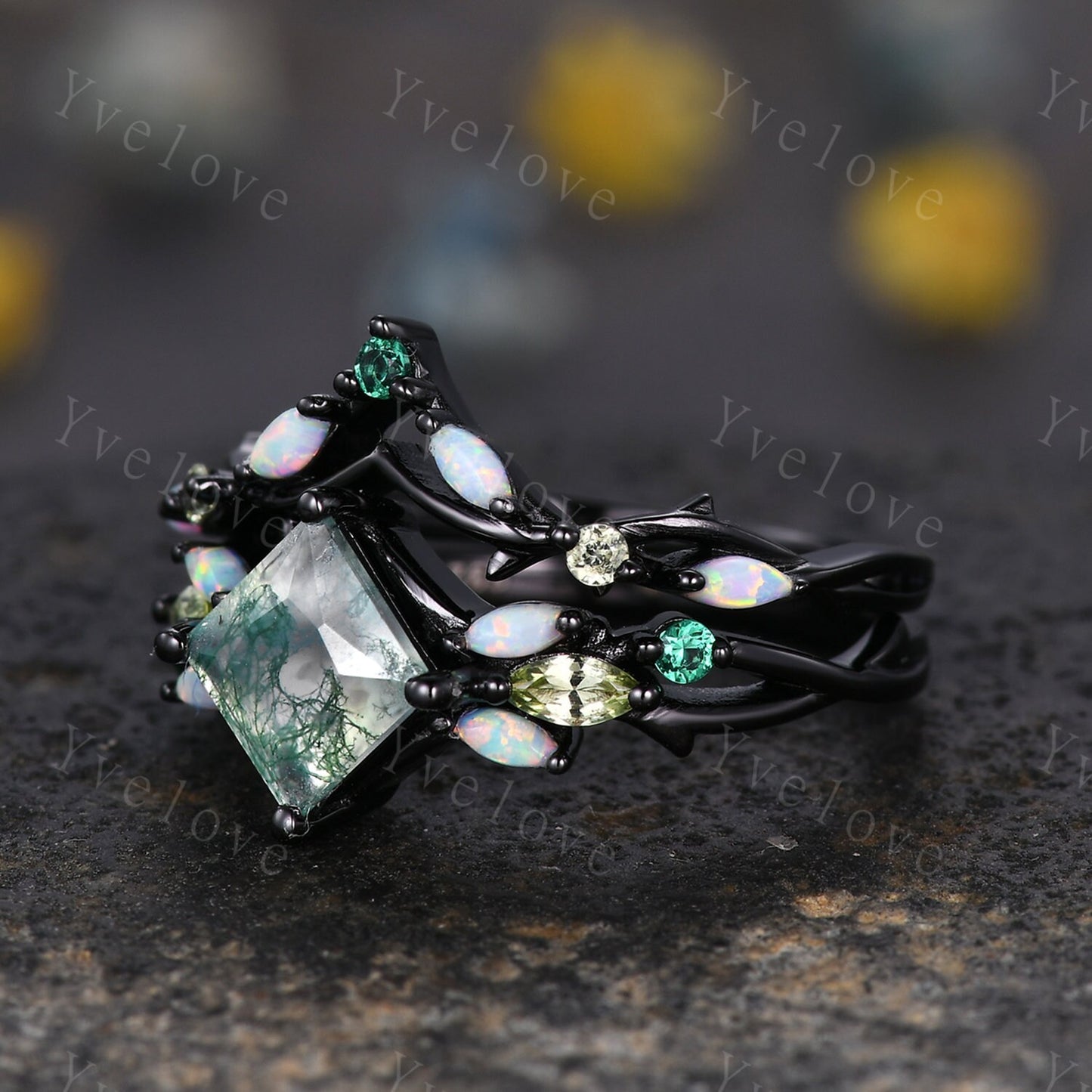 Vintage Princess Moss Agate Engagement Ring Set,Black Gold,Vines Emerald Opal Peridot Ring,Women Bridal Set,Unique Twig Promise Ring Gift