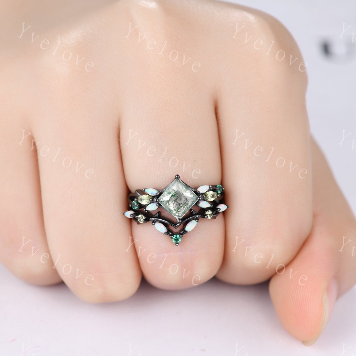 Vintage Princess Moss Agate Engagement Ring,Black Gold,Vines Emerald Opal Peridot Ring,Women Bridal Set,Unique Twig Promise Ring Bridal Gift