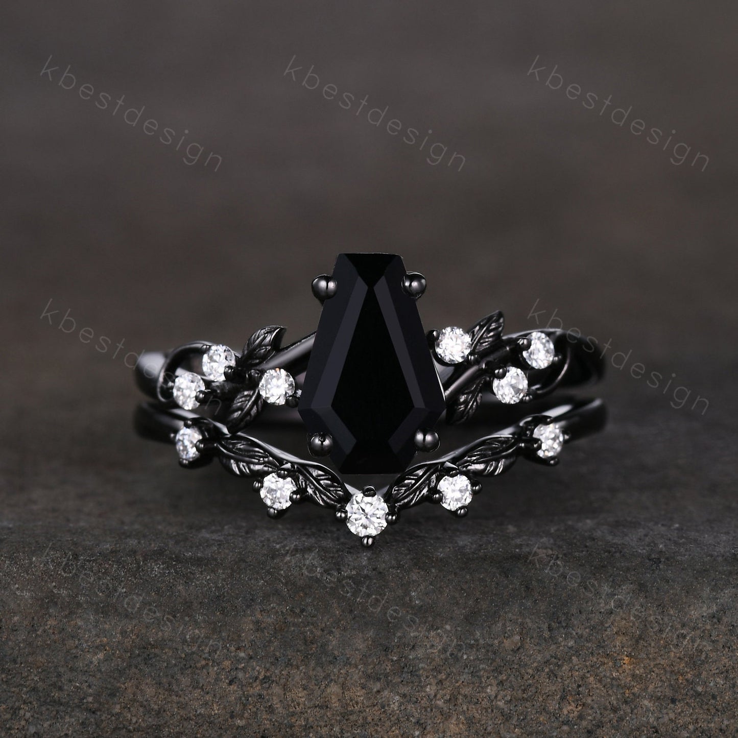 Vintage coffin cut black onyx engagement ring set silver twig leaf moissanite ring nature branch ring unique bridal wedding ring set