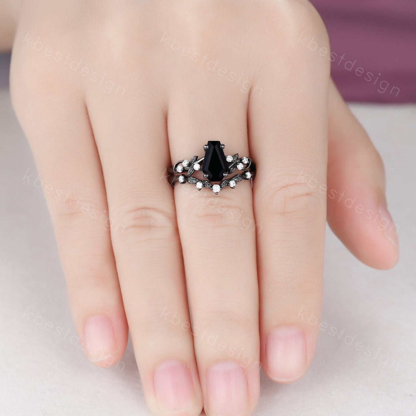 Vintage coffin cut black onyx engagement ring set silver twig leaf moissanite ring nature branch ring unique bridal wedding ring set