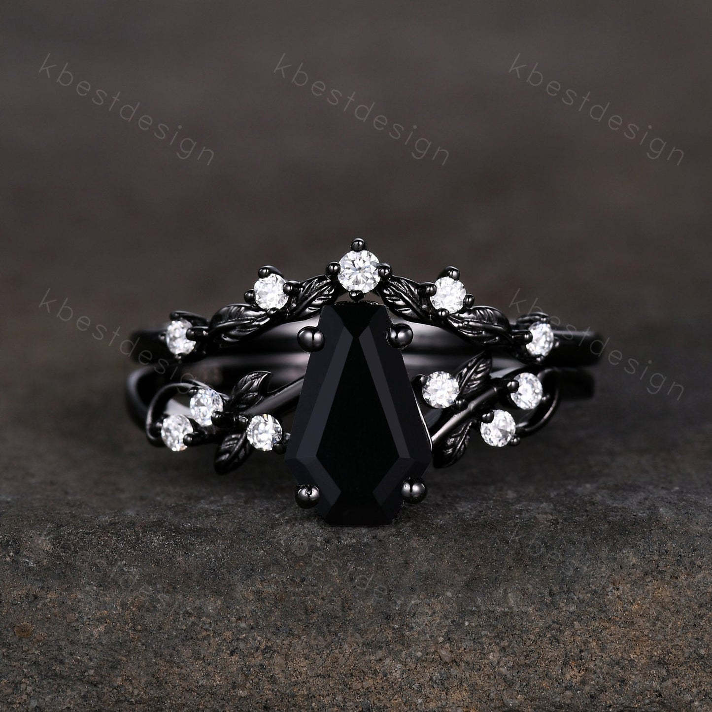 Vintage coffin cut black onyx engagement ring set black gold twig leaf moissanite ring nature branch ring unique bridal wedding ring set