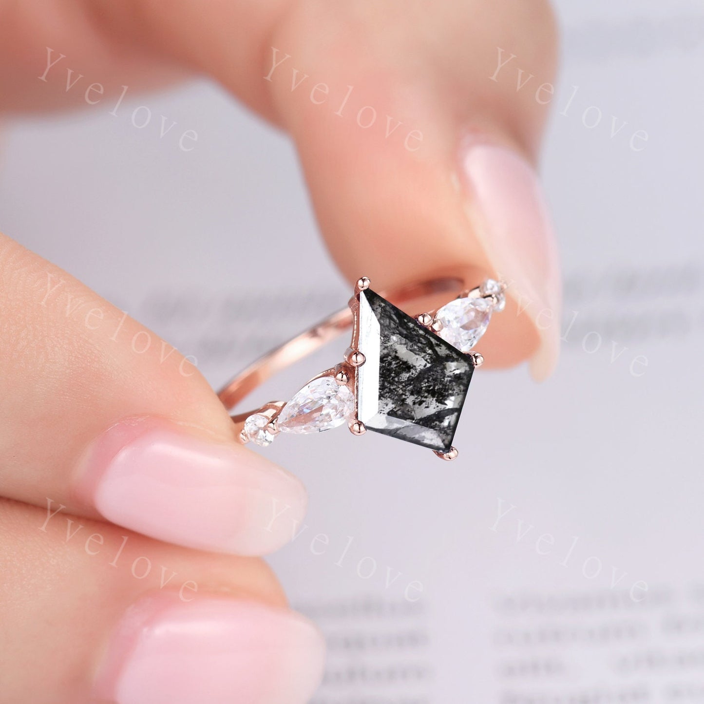 Retro Kite Cut Salt and Pepper Diamond Ring,Gray Diamond Engagement Ring,Moissanite Promise Ring,Women Bridal Ring Anniversary Gift For Her