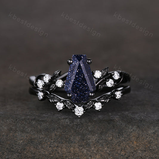 Coffin cut blue sandstone engagement ring set black gold twig leaf moissanite ring nature branch ring unique bridal wedding ring set