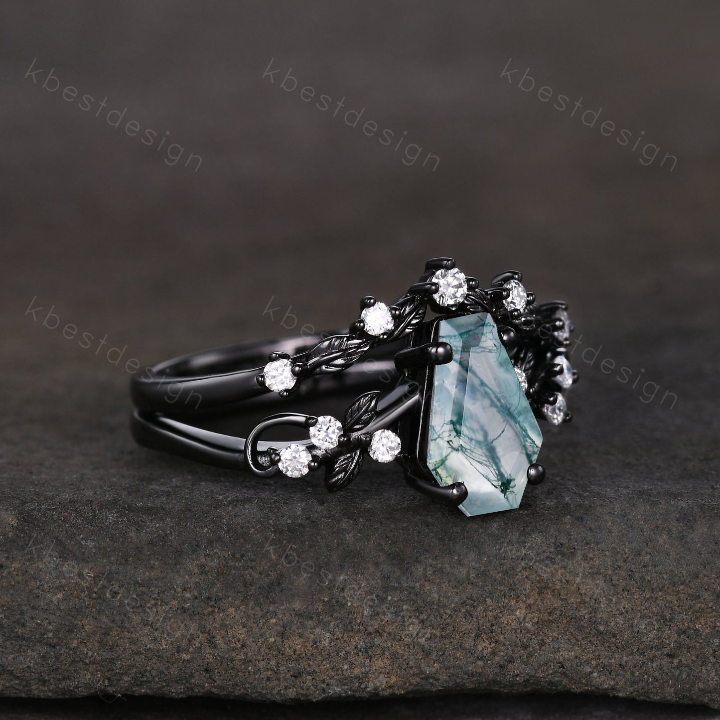 Vintage coffin moss agate engagement ring set black gold twig leaf moissanite ring natural green agate ring unique bridal wedding ring set