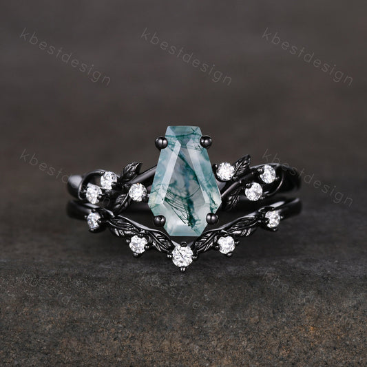Vintage coffin moss agate engagement ring set black gold twig leaf moissanite ring natural green agate ring unique bridal wedding ring set