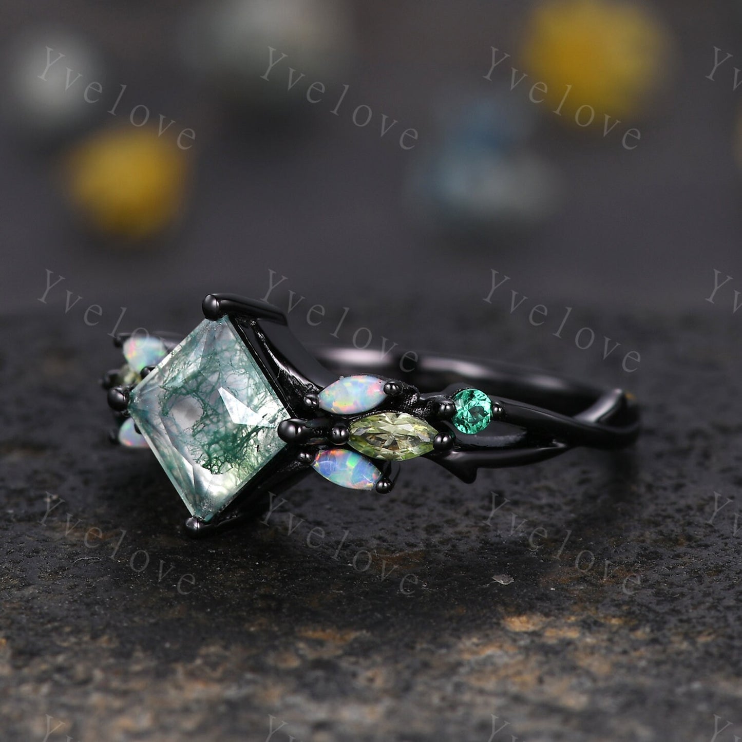 Vintage Princess Moss Agate Engagement Ring,Black Gold,Vines Emerald Opal Peridot Ring,Women Bridal Set,Unique Twig Promise Ring Bridal Gift