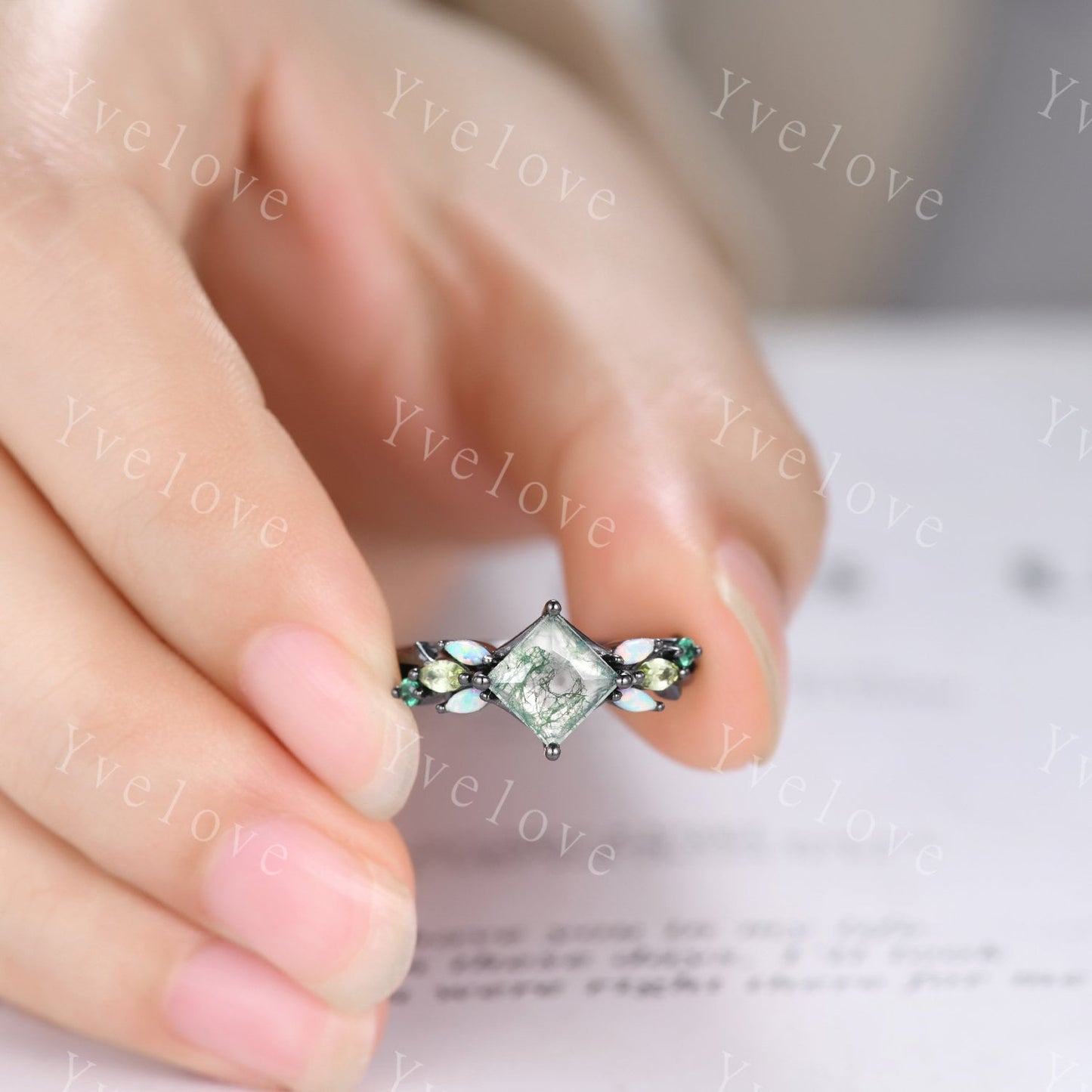 Vintage Princess Moss Agate Engagement Ring,Black Gold,Vines Emerald Opal Peridot Ring,Women Bridal Set,Unique Twig Promise Ring Bridal Gift