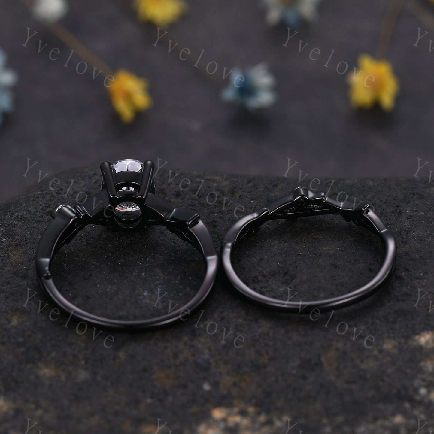 Unique Twig Oval Lavender amethyst Engagement Ring Set,Vintage Leaf Emerald Ring,Black Gold Branch Ring,Art Deco Promise Bridal Wedding Set