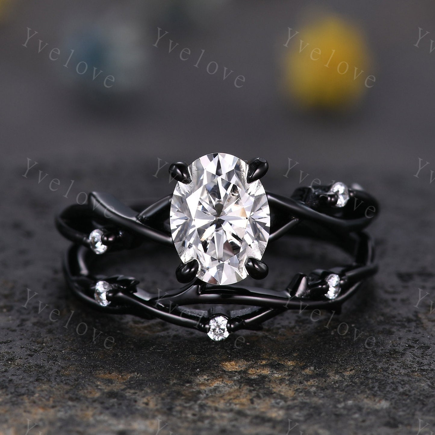 Twig Oval Moissanite Engagement Ring Set,Vintage Leaf Diamond Ring,Branch Ring Black Gold,Twisted Ring Promise Bridal Set,Dainty Ring Set
