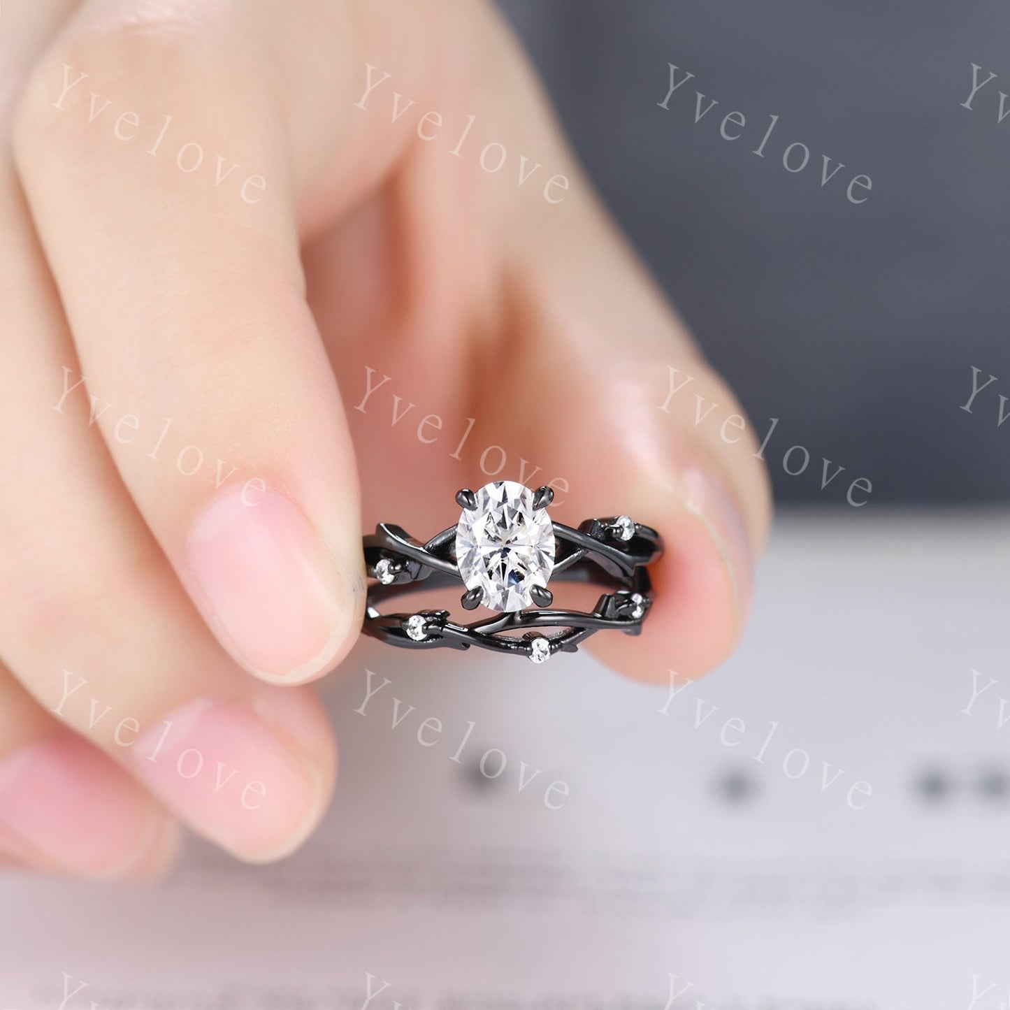 Twig Oval Moissanite Engagement Ring Set,Vintage Leaf Diamond Ring,Branch Ring Black Gold,Twisted Ring Promise Bridal Set,Dainty Ring Set