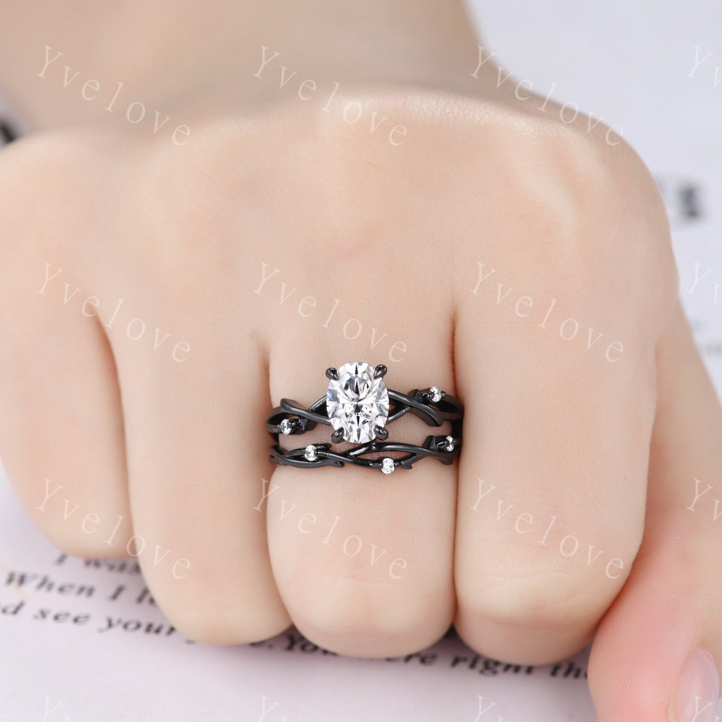 Twig Oval Moissanite Engagement Ring Set,Vintage Leaf Diamond Ring,Branch Ring Black Gold,Twisted Ring Promise Bridal Set,Dainty Ring Set