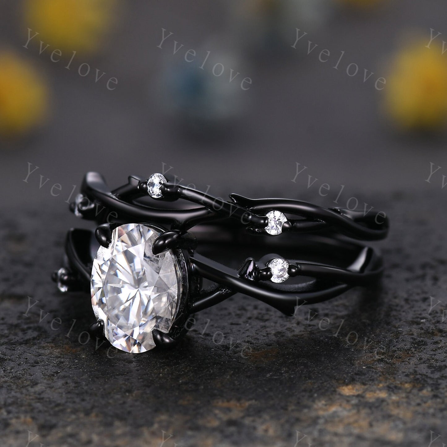 Twig Oval Moissanite Engagement Ring Set,Vintage Leaf Diamond Ring,Branch Ring Black Gold,Twisted Ring Promise Bridal Set,Dainty Ring Set