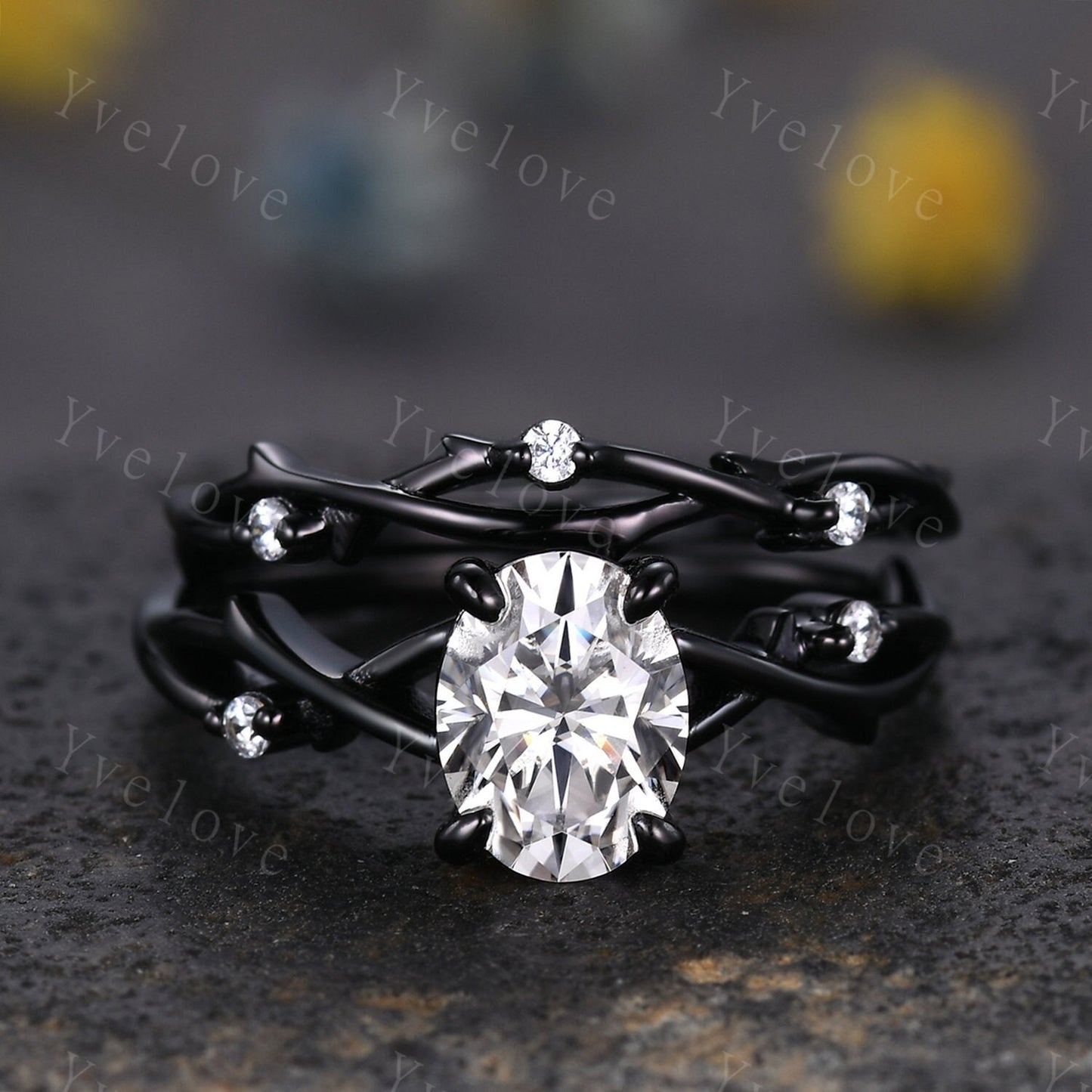 Twig Oval Moissanite Engagement Ring Set,Vintage Leaf Diamond Ring,Branch Ring Black Gold,Twisted Ring Promise Bridal Set,Dainty Ring Set