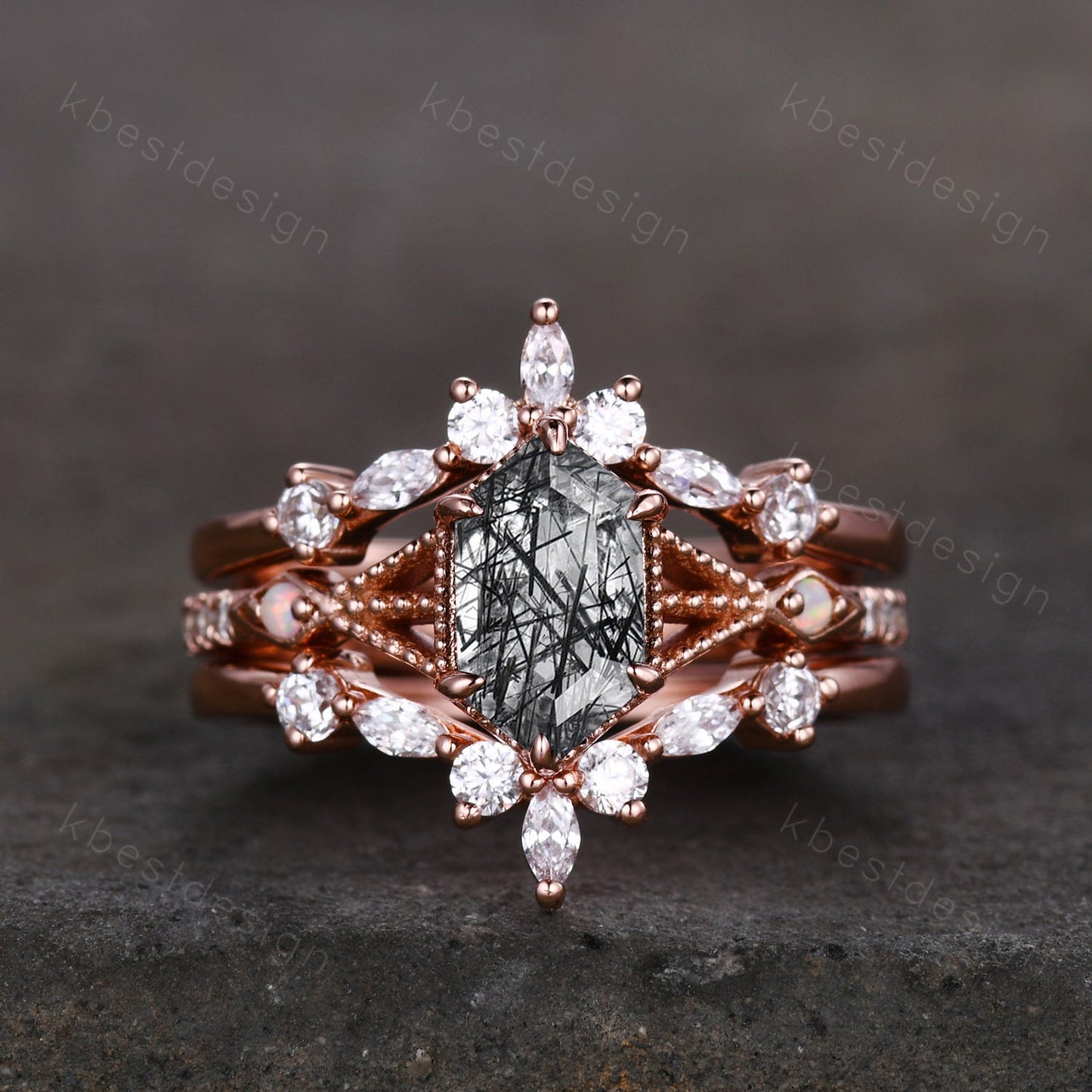 Antique Black Rutilated Quartz Engagement Ring Set Hexagon cut Engagement Ring Unique Art Deco Moissanite Stacking Band Bridal Promise Set
