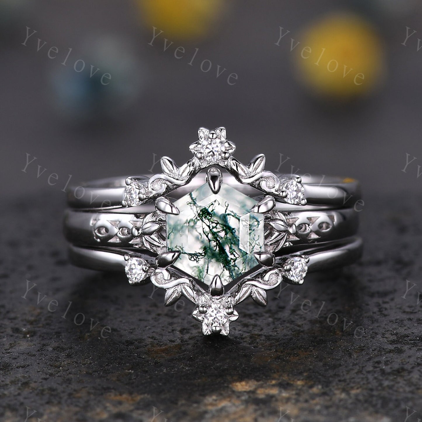 Hexagon Shaped Moss Agate Engagement Ring Set Silver Ring Vintage Moss Agate Wedding Ring Enhancer Band Art Deco Bridal  Ring Set For Women