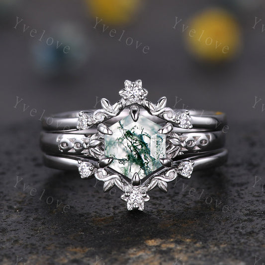 Hexagon Shaped Moss Agate Engagement Ring Set Silver Ring Vintage Moss Agate Wedding Ring Enhancer Band Art Deco Bridal  Ring Set For Women