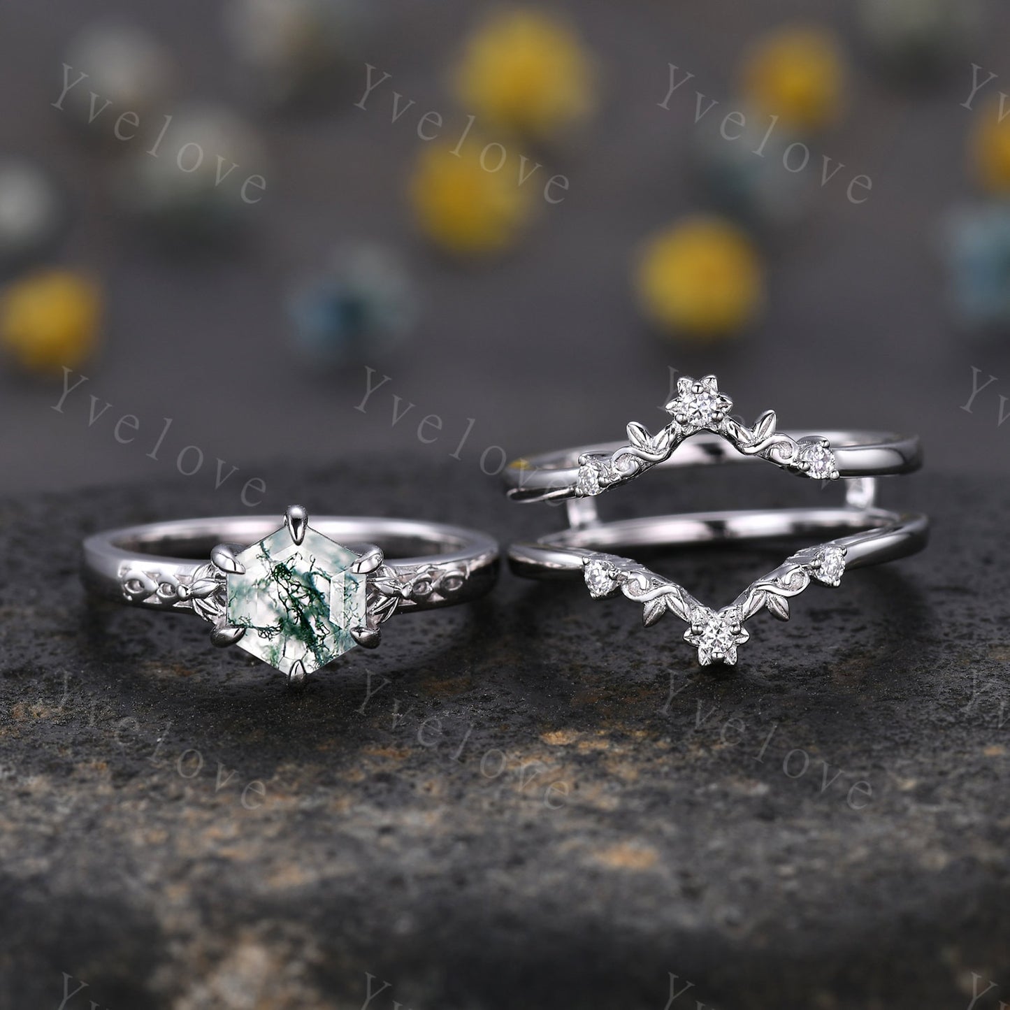 Hexagon Shaped Moss Agate Engagement Ring Set Silver Ring Vintage Moss Agate Wedding Ring Enhancer Band Art Deco Bridal  Ring Set For Women