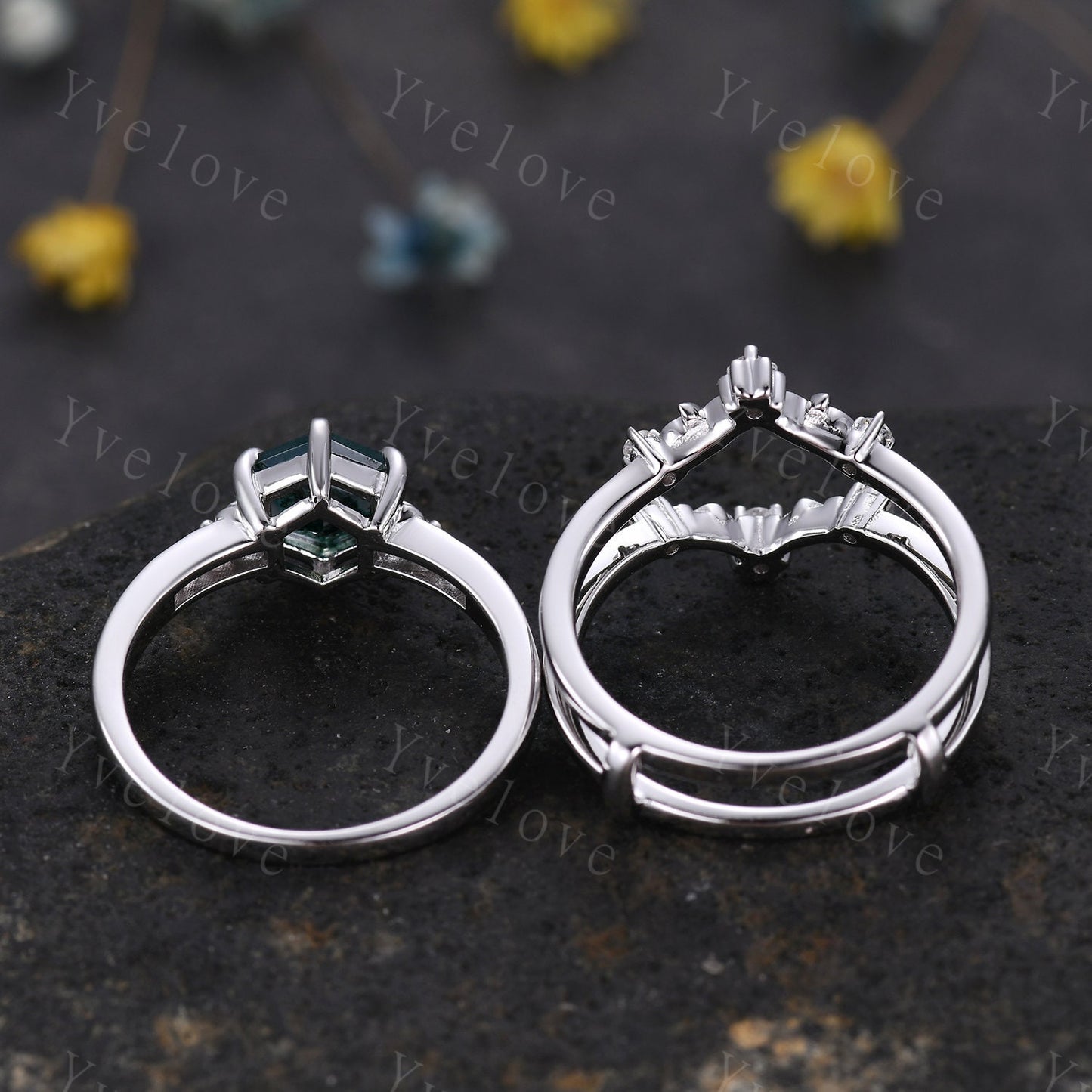 Hexagon Shaped Moss Agate Engagement Ring Set Silver Ring Vintage Moss Agate Wedding Ring Enhancer Band Art Deco Bridal  Ring Set For Women