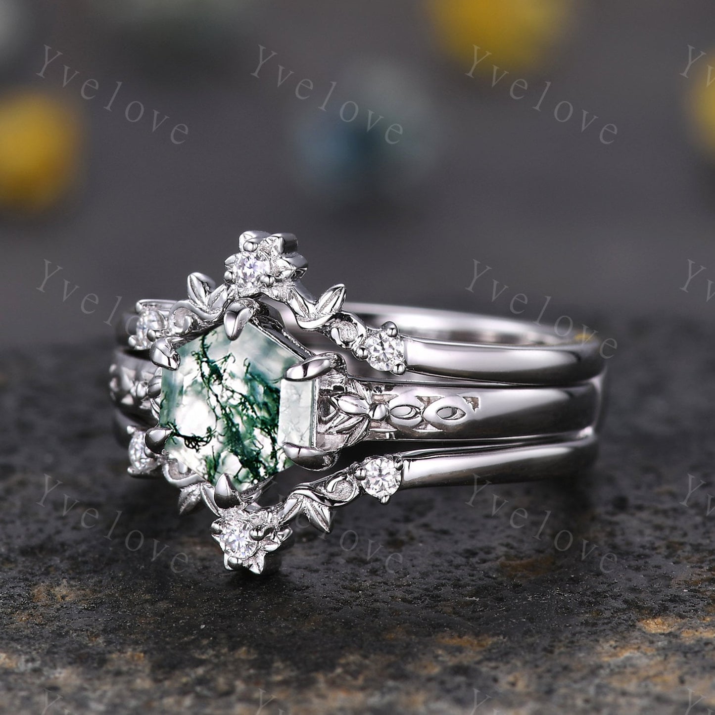 Hexagon Shaped Moss Agate Engagement Ring Set Silver Ring Vintage Moss Agate Wedding Ring Enhancer Band Art Deco Bridal  Ring Set For Women