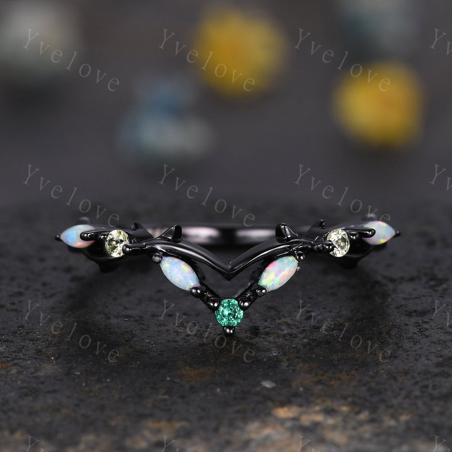 Antique Peridot Opal wedding band emerald Ring,Women Twig Matching Band,Art Deco V Curved Branch Wedding Band,Black Gold Ring,Custom Gift