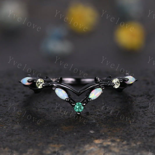 Antique Peridot Opal wedding band emerald Ring,Women Twig Matching Band,Art Deco V Curved Branch Wedding Band,Black Gold Ring,Custom Gift