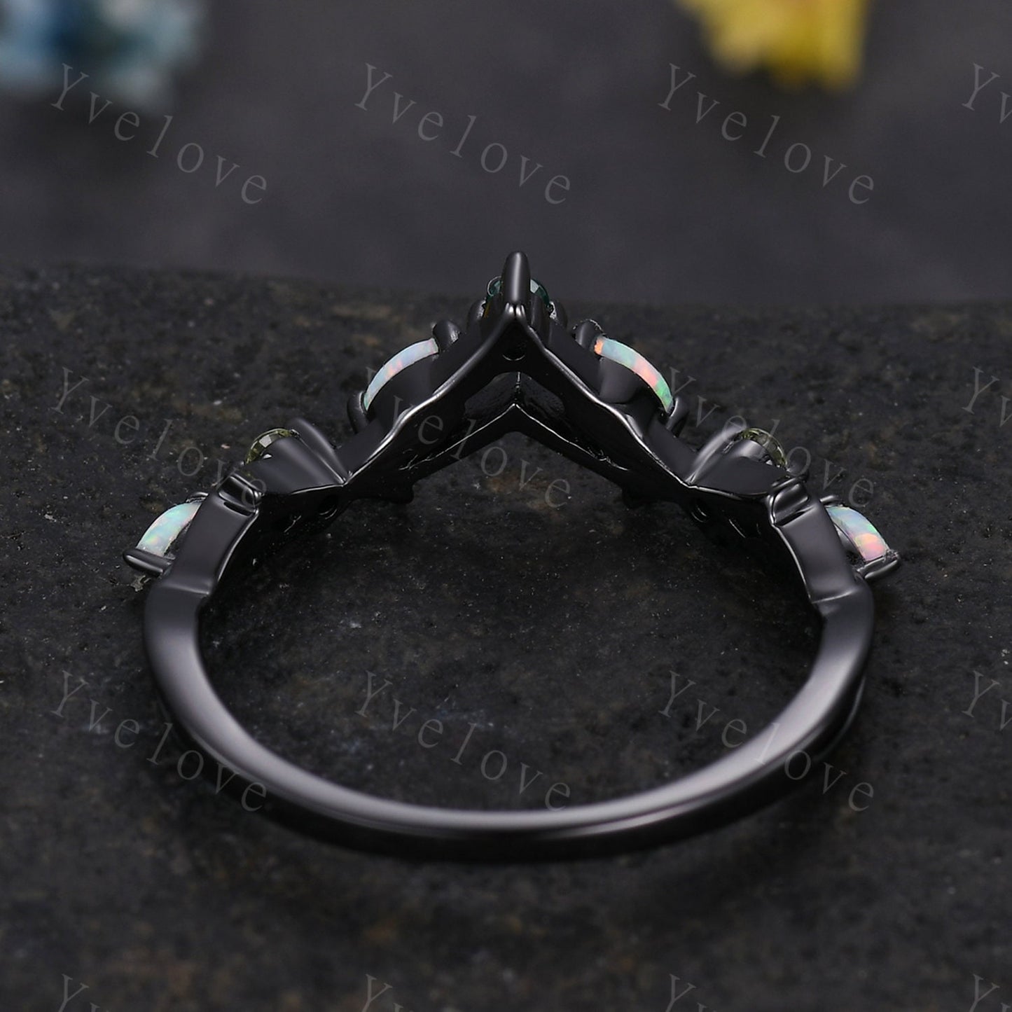 Antique Peridot Opal wedding band emerald Ring,Women Twig Matching Band,Art Deco V Curved Branch Wedding Band,Black Gold Ring,Custom Gift