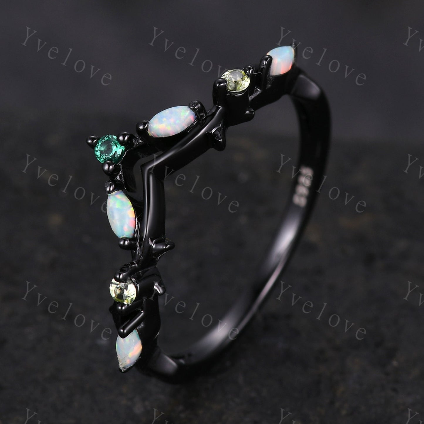 Antique Peridot Opal wedding band emerald Ring,Women Twig Matching Band,Art Deco V Curved Branch Wedding Band,Black Gold Ring,Custom Gift