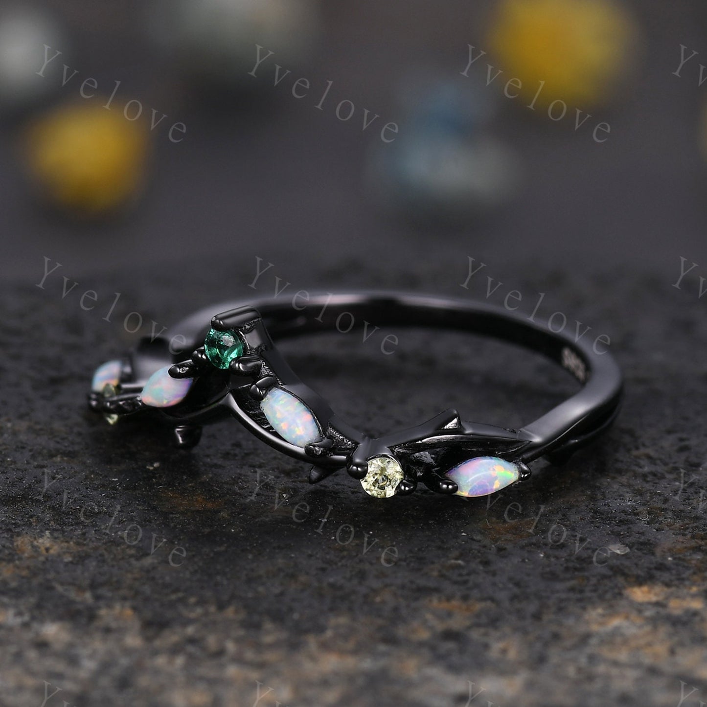 Antique Peridot Opal wedding band emerald Ring,Women Twig Matching Band,Art Deco V Curved Branch Wedding Band,Black Gold Ring,Custom Gift