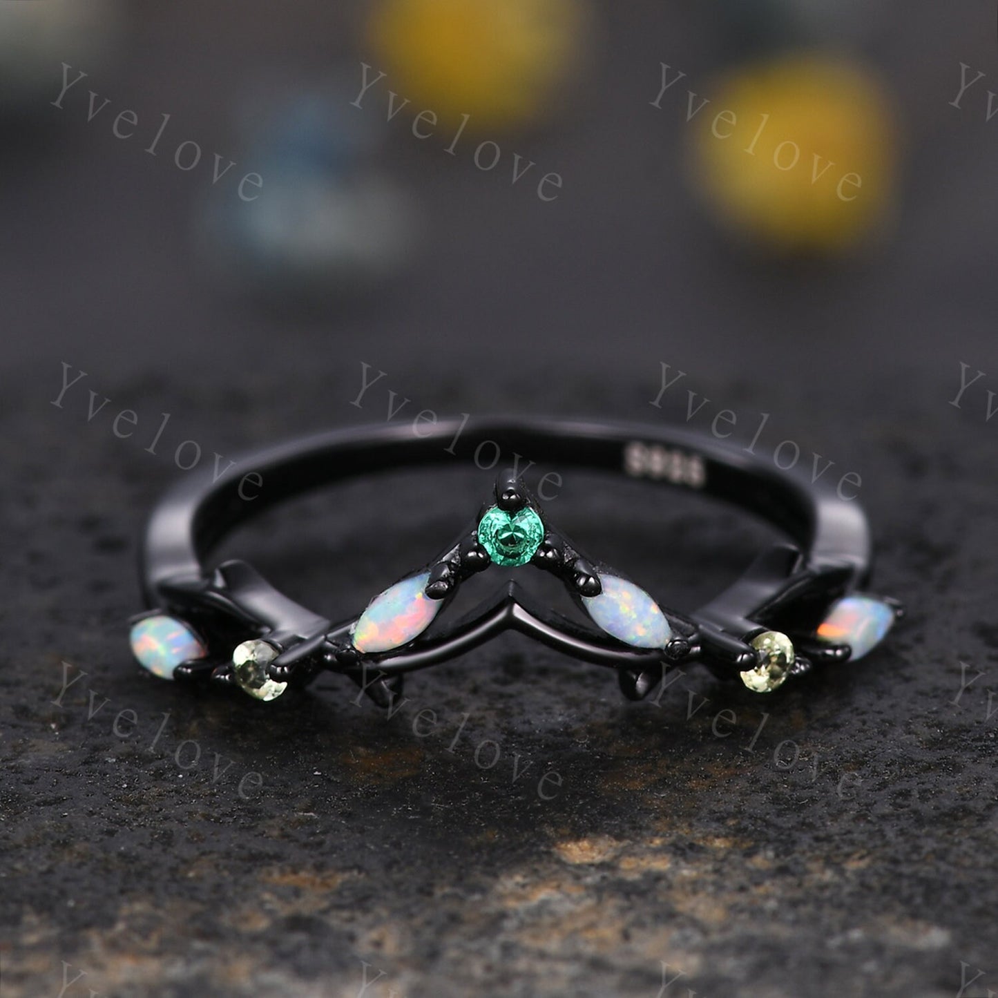 Antique Peridot Opal wedding band emerald Ring,Women Twig Matching Band,Art Deco V Curved Branch Wedding Band,Black Gold Ring,Custom Gift