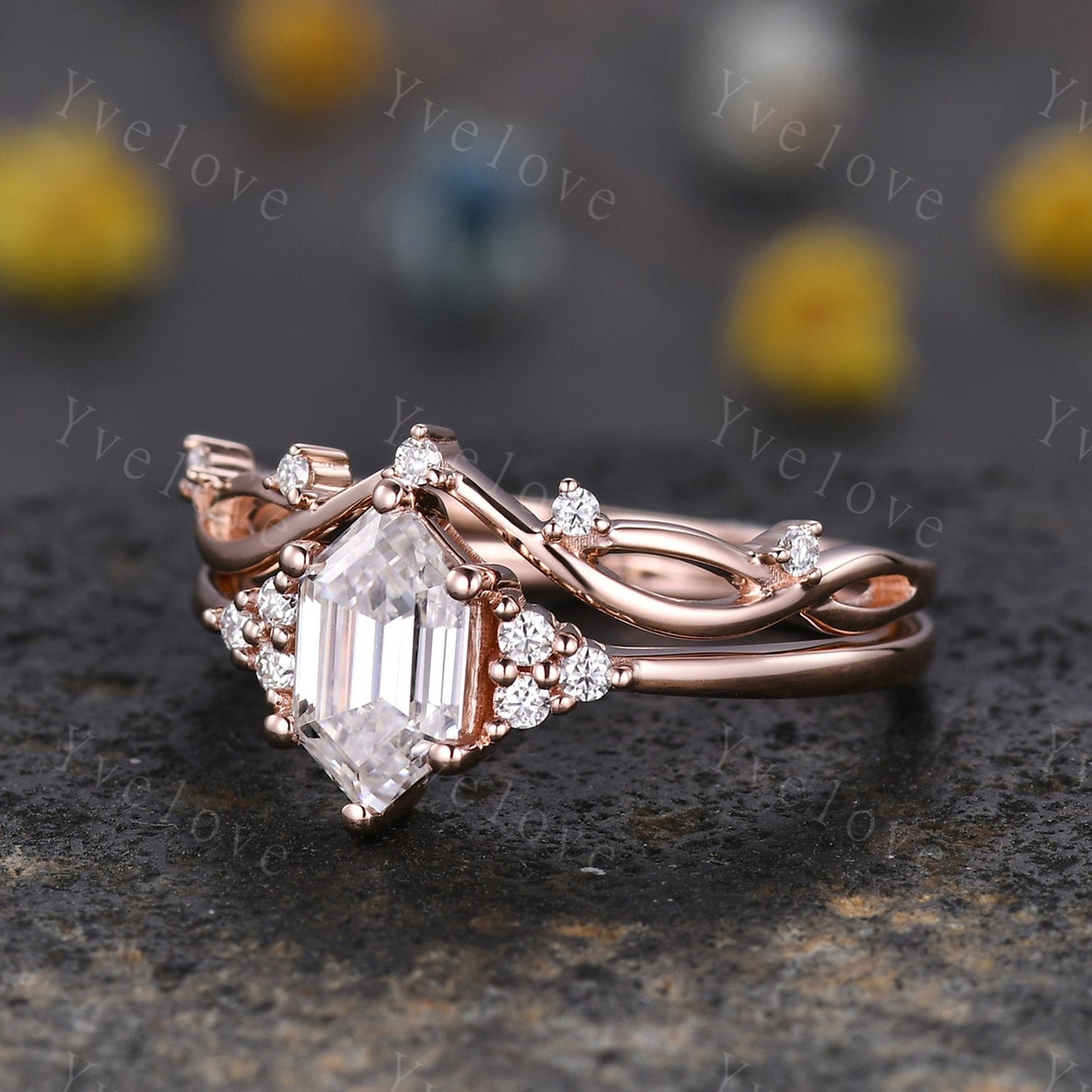Retro hexagon Moissanite Ring,Vintage Moissanite Ring Set,Unique Moissanite Engagement Ring,Rose Gold Promise Anniversary Ring Gift For Her