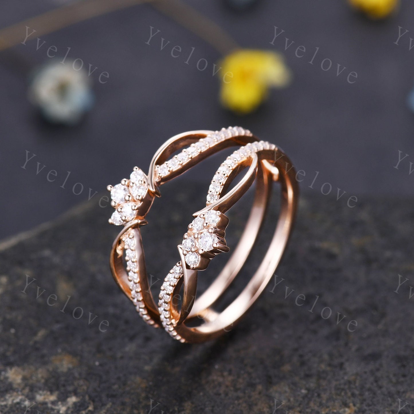 Diamond enhancer wedding band,14k solid gold ring,Double curved enhancer matching band,Floral personalized ring,Women anniversary gift ring