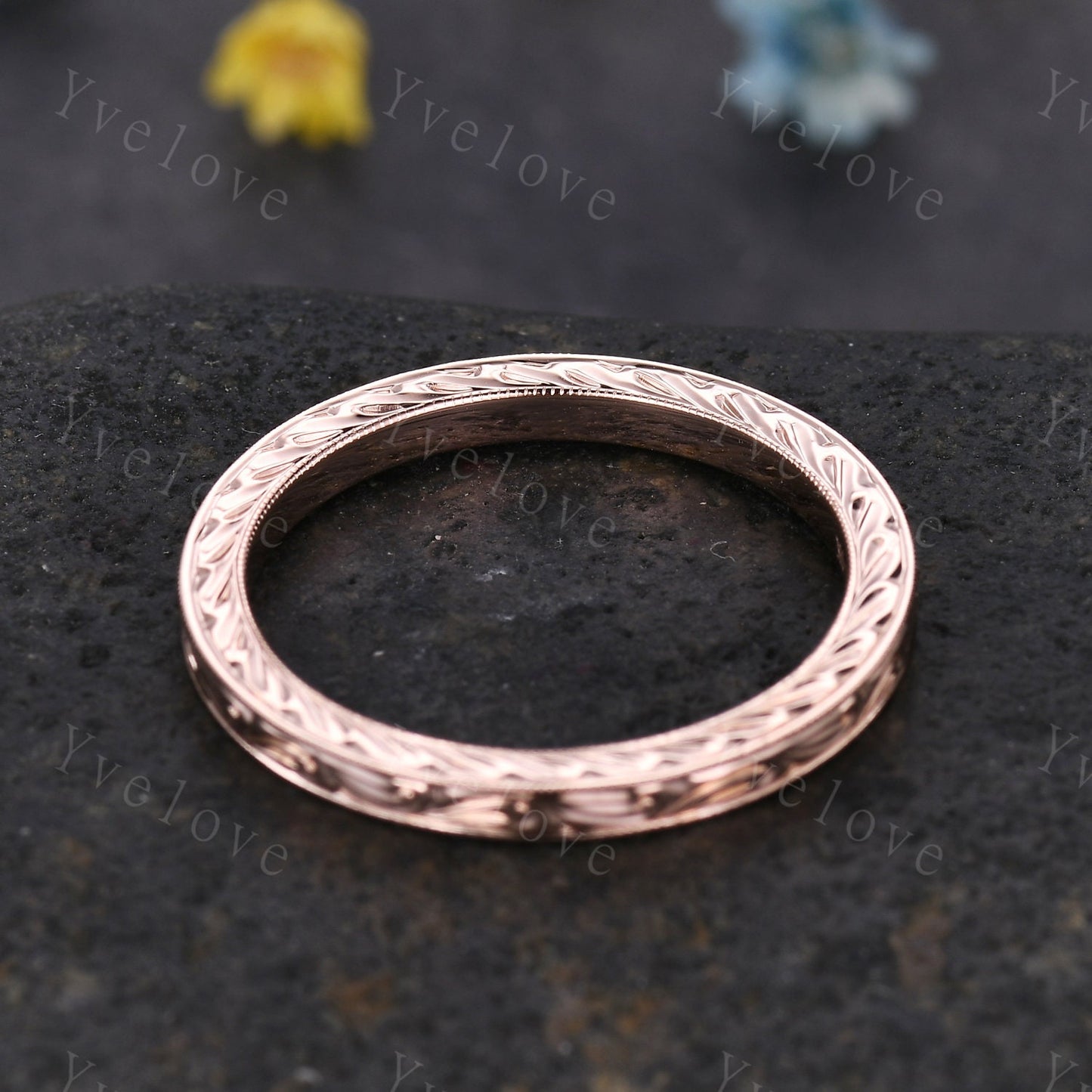 14k Plain Gold Ring Rose Gold Filigree Milgrain Edge Wedding Band Stacking Matching Band Retro Vintage Anniversary Ring Gift for Her